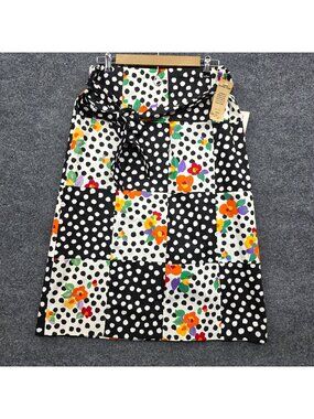 Vintage Sanibel Retro Floral Polka Dot Midi Skirt L Black Deadstock Rockabilly